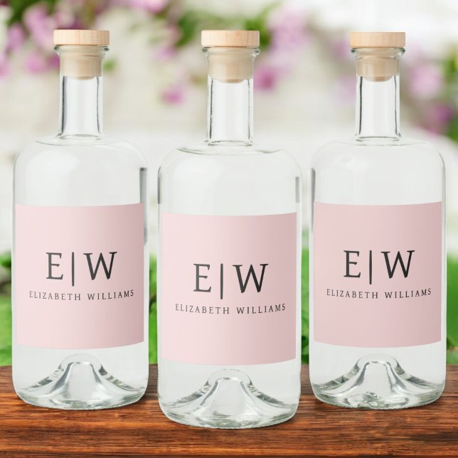 Blush Dusty Pink Modern Script Girly Monogram Name Liquor Bottle Label (Creator Uploaded)