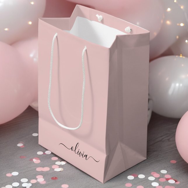 Blush Dusty Pink Modern Script Girly Monogram Name Medium Gift Bag (Creator Uploaded)