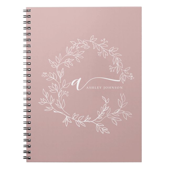 Blush Dusty Pink Modern Script Girly Monogram Name Notebook (Front)