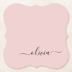 Blush Dusty Pink Modern Script Girly Monogram Name Paper Coaster