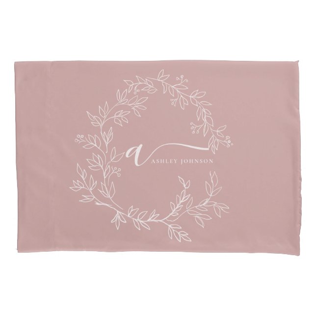 Blush Dusty Pink Modern Script Girly Monogram Name Pillowcase (Front)