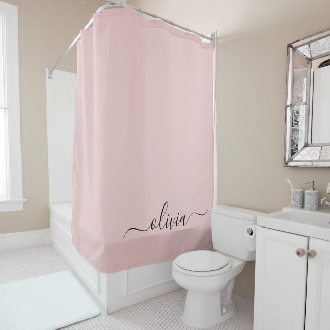 Blush Dusty Pink Modern Script Girly Monogram Name Shower Curtain (In Situ)
