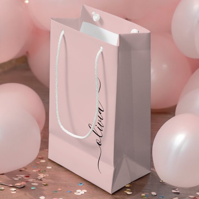 Blush Dusty Pink Modern Script Girly Monogram Name Small Gift Bag (Creator Uploaded)