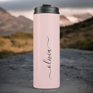 Blush Dusty Pink Modern Script Girly Monogram Name Thermal Tumbler