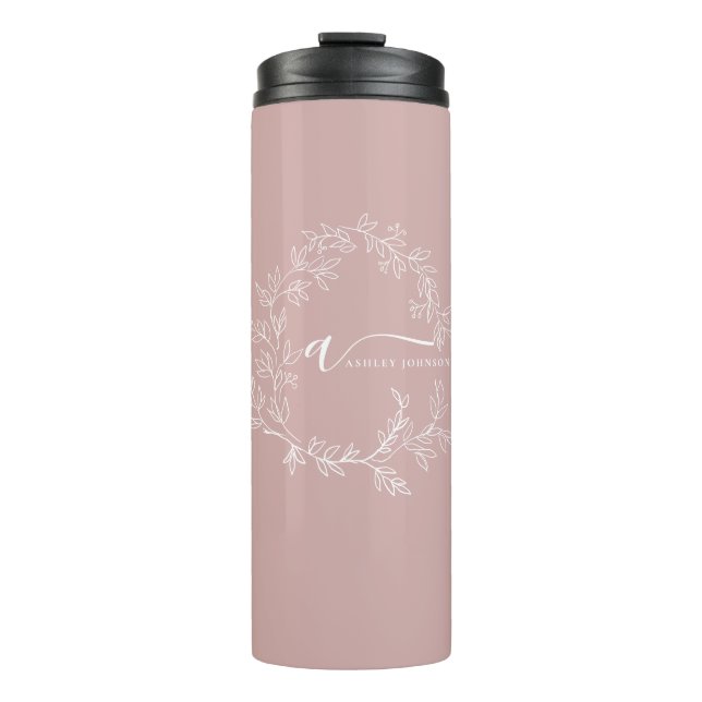Blush Dusty Pink Modern Script Girly Monogram Name Thermal Tumbler (Front)