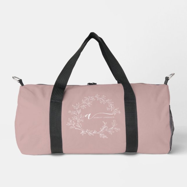 Blush Dusty Pink Monogram Name Girly Script Sports Duffle Bag (Front)