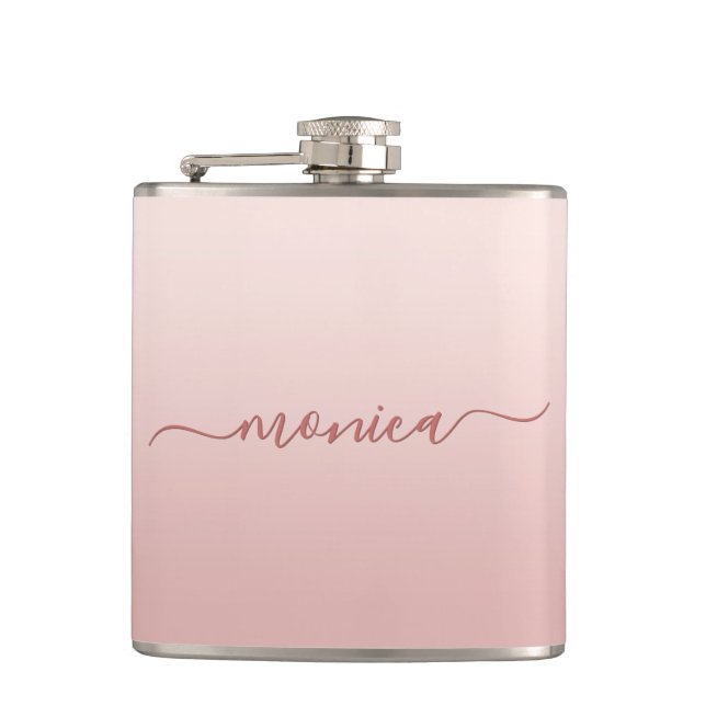 Blush Dusty Pink Ombre Elegant Signature Hip Flask (Front)