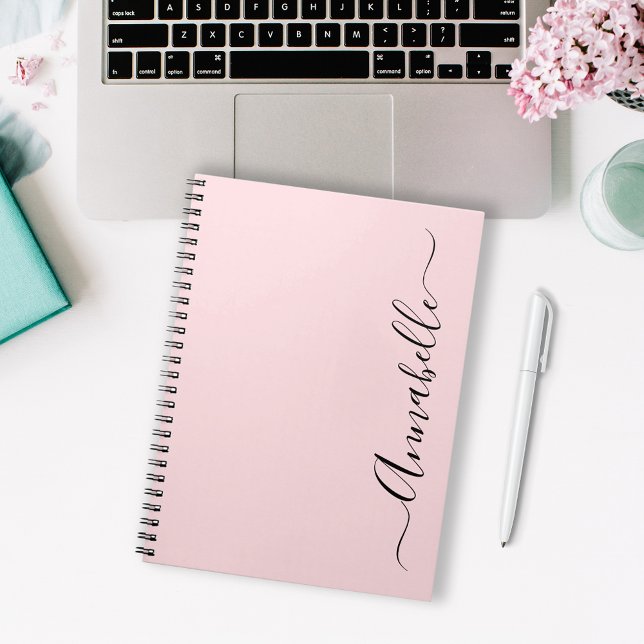 Blush Dusty Pink Personalised Name Notebook (Modern pink personalized notebook with script text.  Available in pink, black or mint/aqua.)