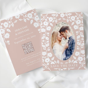 Blush Dusty Pink Photo QR Code Website Folk Floral Save The Date