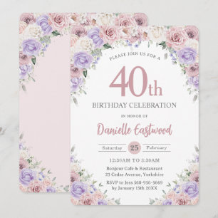 Blush Dusty Pink Purple Floral 40th 60th Birthday Invitation