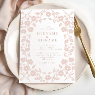 Blush Dusty Pink Simple Modern Folk Floral Wedding Invitation