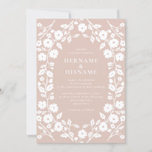 Blush Dusty Pink Simple White Folk Floral Wedding Invitation