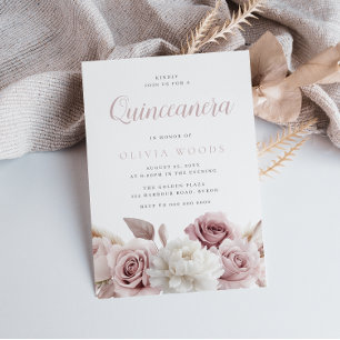 Blush & Dusty Rose Botanical Floral Quinceanera Invitation
