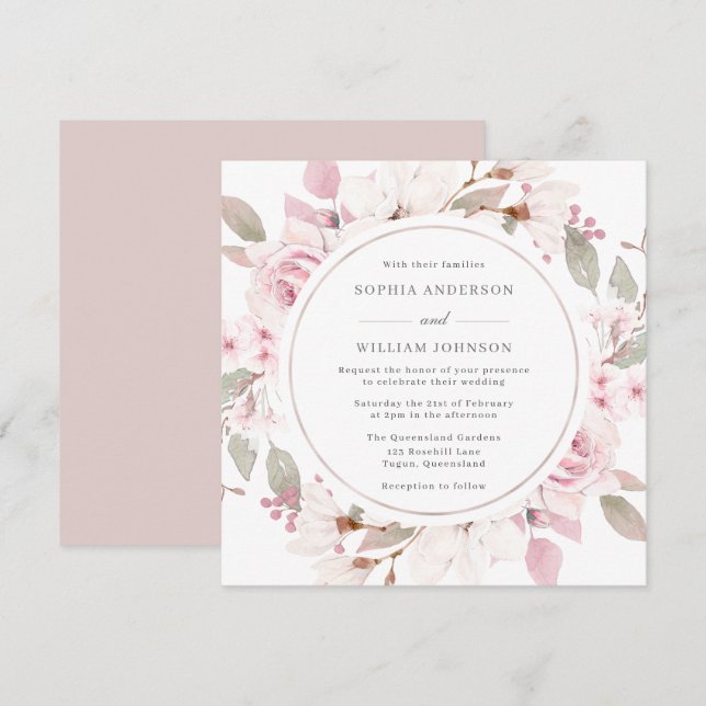 Blush Dusty Rose Floral Watercolor Wreath Wedding Invitation (Front/Back)