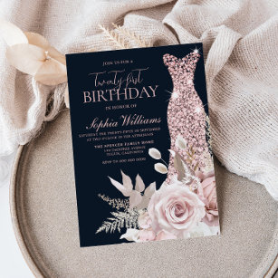 Blush Dusty Rose Gold Gown 21st Birthday Party Invitation