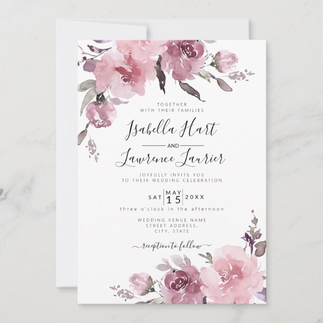Blush Dusty Rose Watercolor Floral Wedding Invitation (Front)