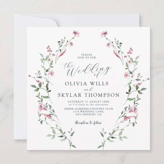 Blush Dusty Rose Wild Flowers Garden Boho Wedding Invitation (Front)