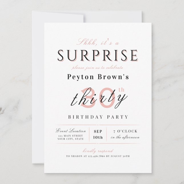 Blush elegant modern classy surprise 30th birthday invitation (Front)
