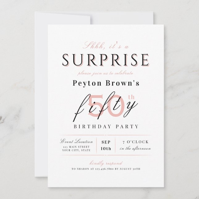 Blush elegant modern classy surprise 50th birthday invitation (Front)