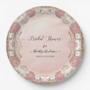 Blush Elegant Rose Gold Vintage Roses Pink Bridal Paper Plate