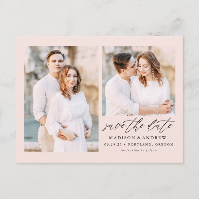Blush | Elegant Script 2 Photo Save the Date Announcement Postcard (Front)