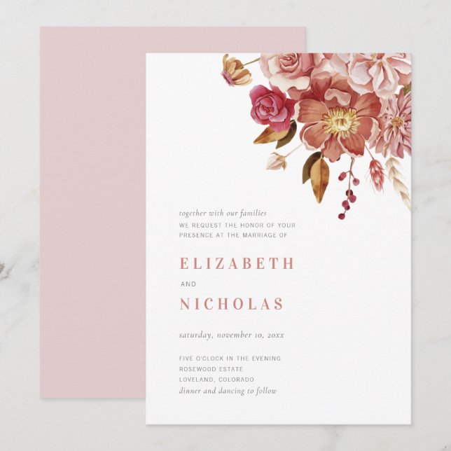 Blush Elegant Watercolor Floral Wedding Invitation (Front/Back)