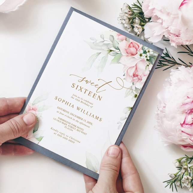 Blush & Eucalyptus Floral Sweet 16 Birthday Invitation (Creator Uploaded)