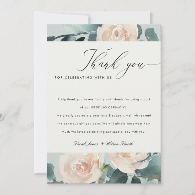 Blush Eucalyptus Rose Kraft Grey Wedding Thank You Card (Front)