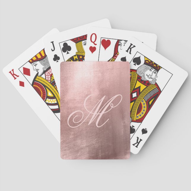 Blush Fancy Monogram Shiny Faux Rose Gold Foil Playing Cards (Back)