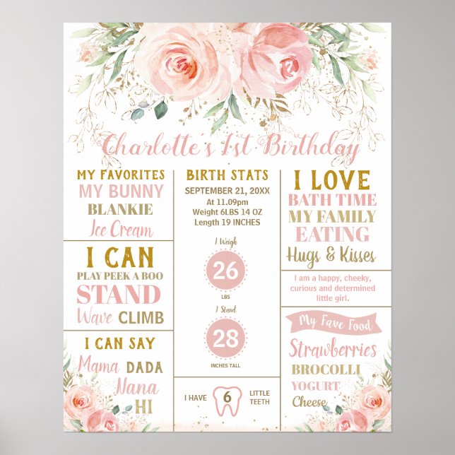 Blush Floral 1st Birthday Milestone Birth Stats Po Poster (Front)