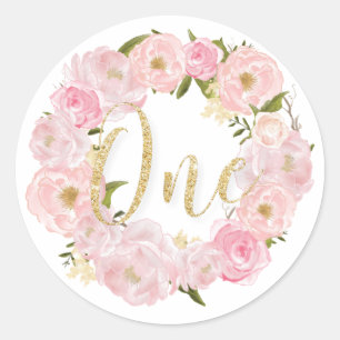 Blush Floral 1st Birthday One Gold Glitter Favour Classic Round Sticker