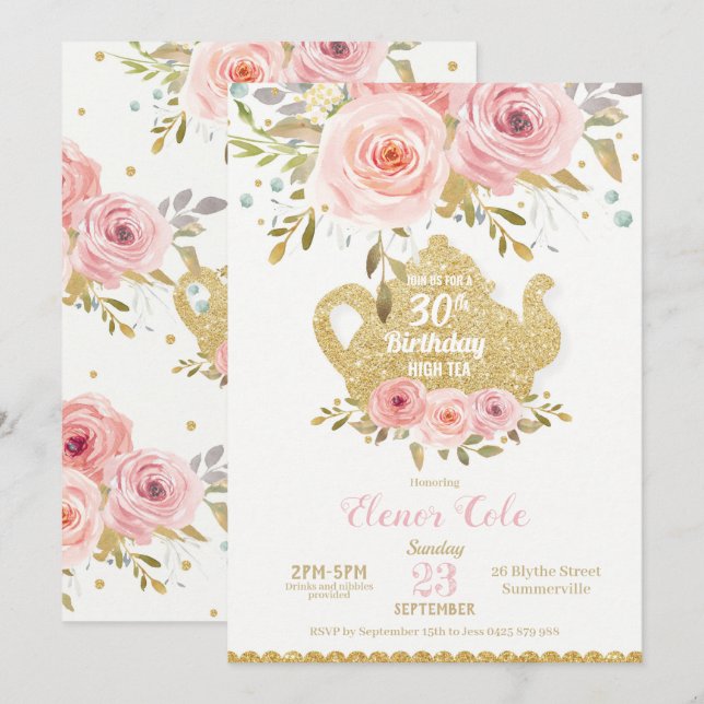 Blush Floral 30th Birthday High Tea Party ANY AGE Invitation (Front/Back)