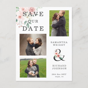 Blush Floral 3 Photo Wedding Save the Date Invitation Postcard