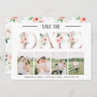 Blush Floral 4 Photo Wedding Save the Date Card