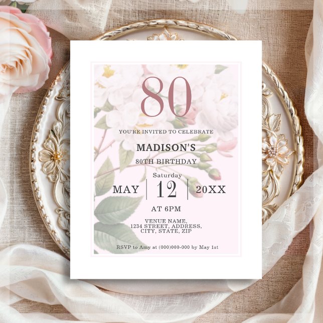 Blush Floral | 80th Budget Birthday Invitation (Creator Uploaded)