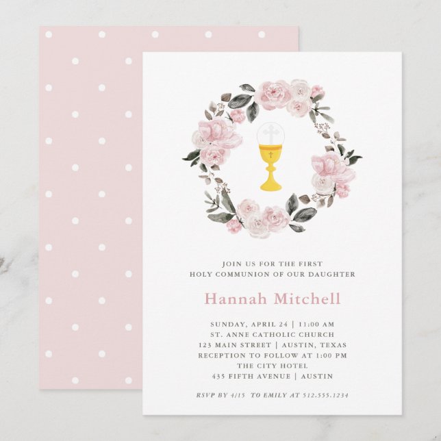 Blush Floral and Chalice | First Holy Communion Invitation (Front/Back)