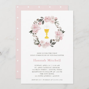 Blush Floral and Chalice   First Holy Communion Invitation