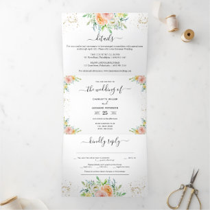 Blush Floral and gold Wedding Tri-Fold Invitation