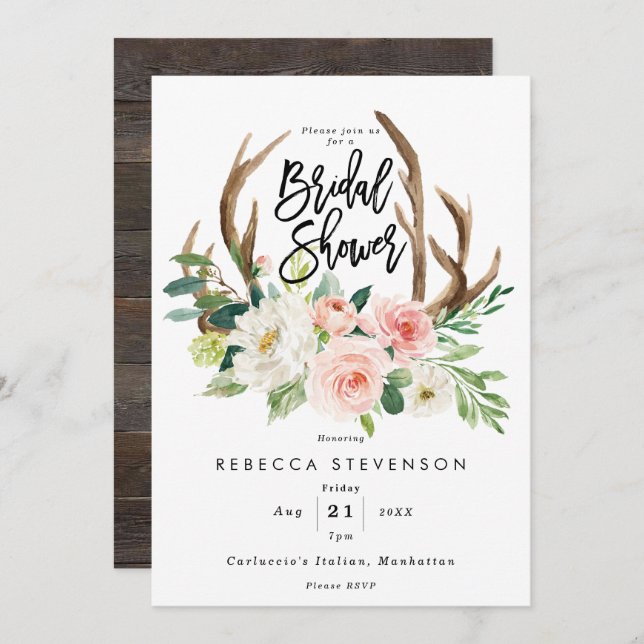 blush floral antlers bridal shower invitation (Front/Back)