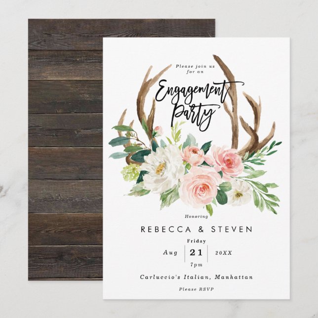 blush floral antlers engagement party invitation (Front/Back)