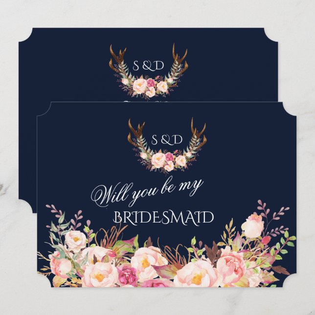 Blush Floral Antlers Will You Be My Bridesmaid Invitation (Front/Back)