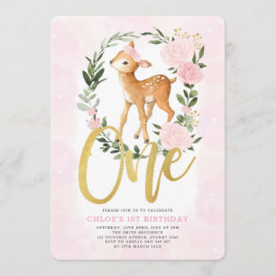 Blush Floral Baby Deer Fawn Girl 1st Birthday Invitation