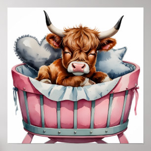 Blush Floral Baby Highland Cow Poster