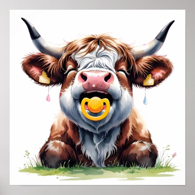 Blush Floral Baby Highland Cow Poster (Front)