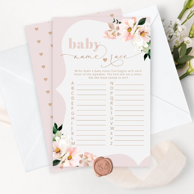 Blush floral baby name race baby shower game (Creator Uploaded)