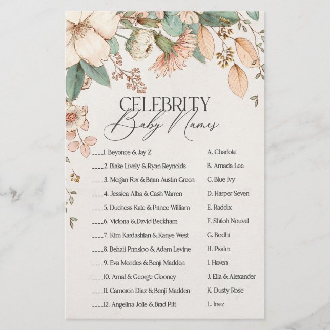 blush floral baby shower celebrity baby name game  (Front)