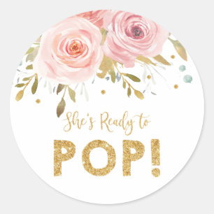Blush Floral Baby Shower She's Ready to Pop Favour Classic Round Sticker