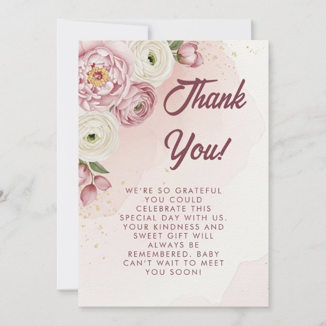 Blush Floral Baby Shower Thank You Card (Front)