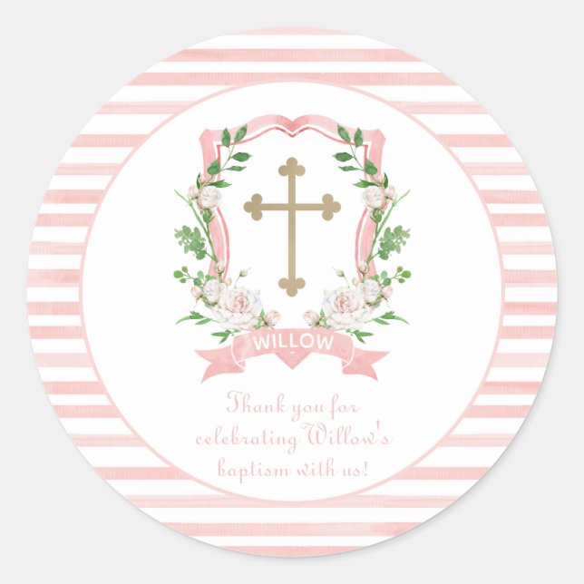 Blush Floral Baptism Thank You Classic Round Sticker (Front)