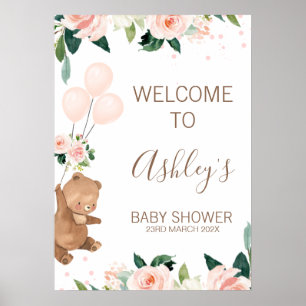 Blush Floral Bear Balloon Baby Shower Welcome Sign